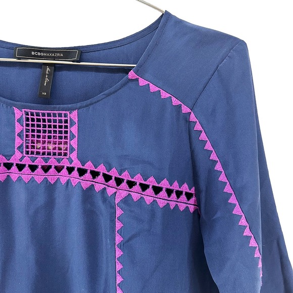 BCBGMAXAZRIA Mara 100% Silk 3/4 Sleeve Blouse • XS • navy blue, purple •‎ lace - Picture 9 of 9